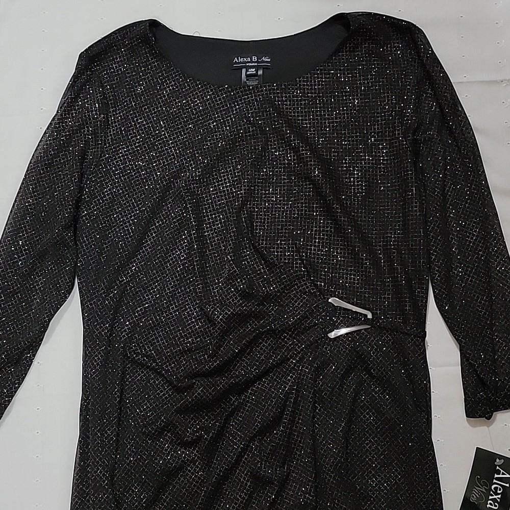 Alexa B Nites Women Black Silver Glitter Faux Wrap Sheath Dress 14W 962701 - Picture 3 of 9